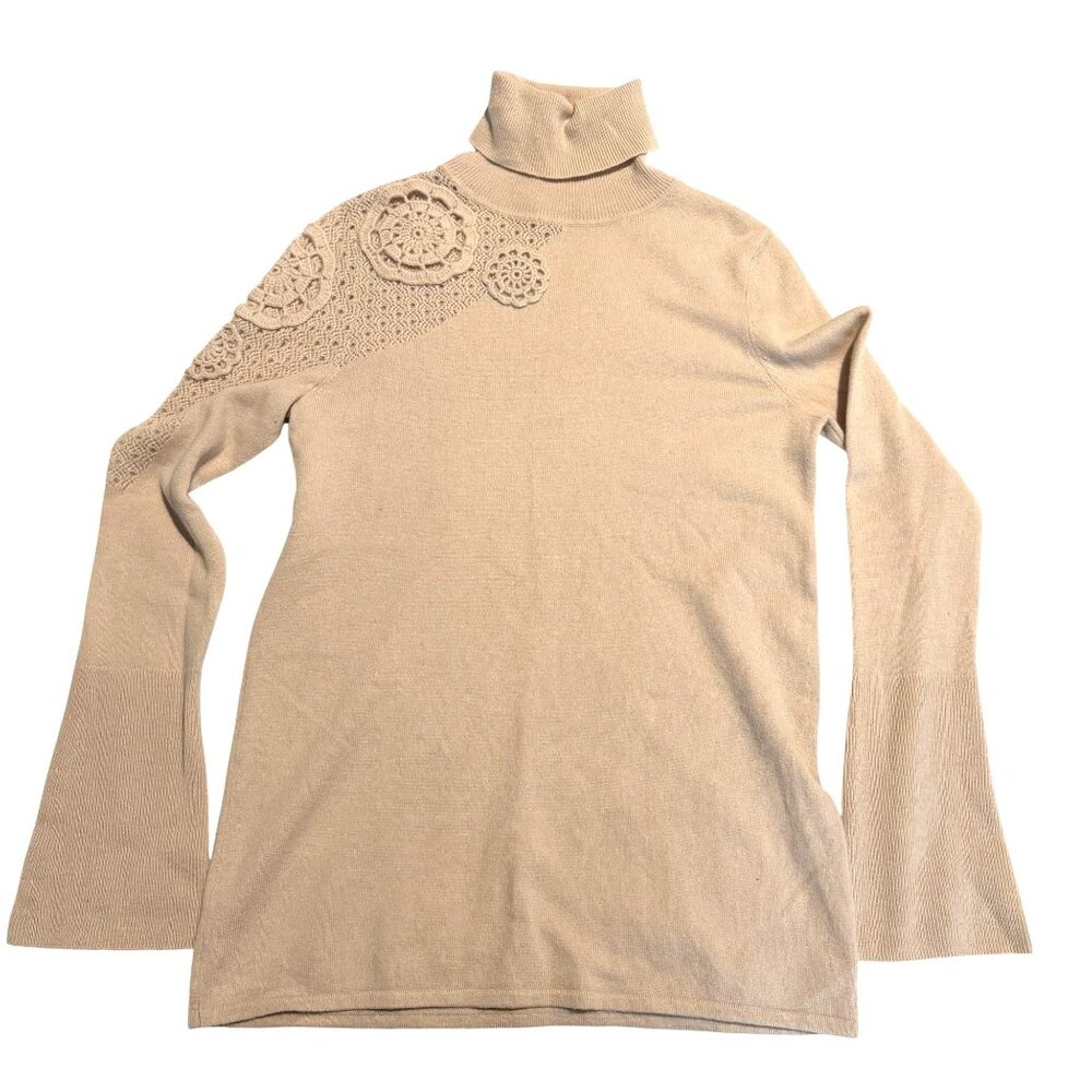 Neiman Marcus Cashmere Collection Beige Turtleneck Sweater W/ Crochet Detail Med